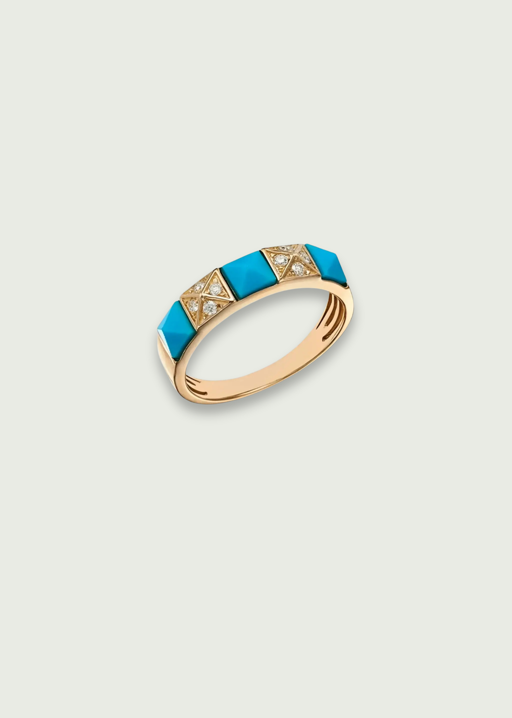 Turquoise and diamond wedding band featuring a sleek 14K yellow gold band with bright turquoise and diamonds.