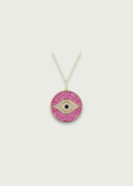 Pink Evil Eye Necklace featuring pink sapphires and a diamond inlay on a gold chain.