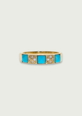 Turquoise and diamond wedding band featuring turquoise blocks and round diamonds on a 14K yellow gold band.
