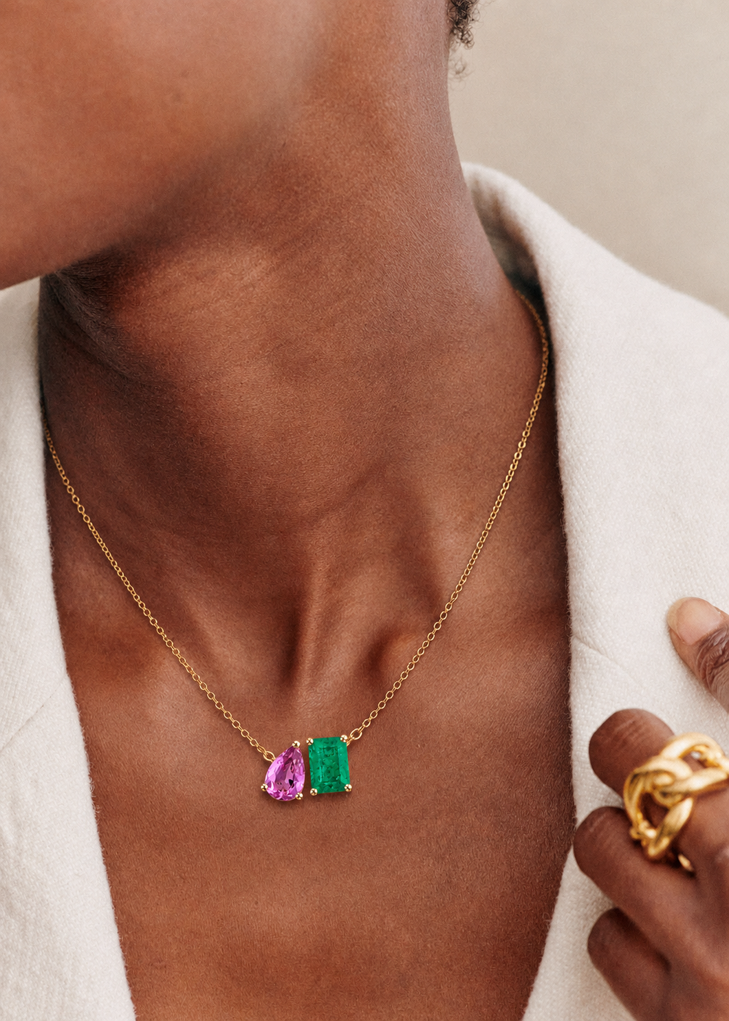 Emerald and Pink Sapphire Duo Necklace
