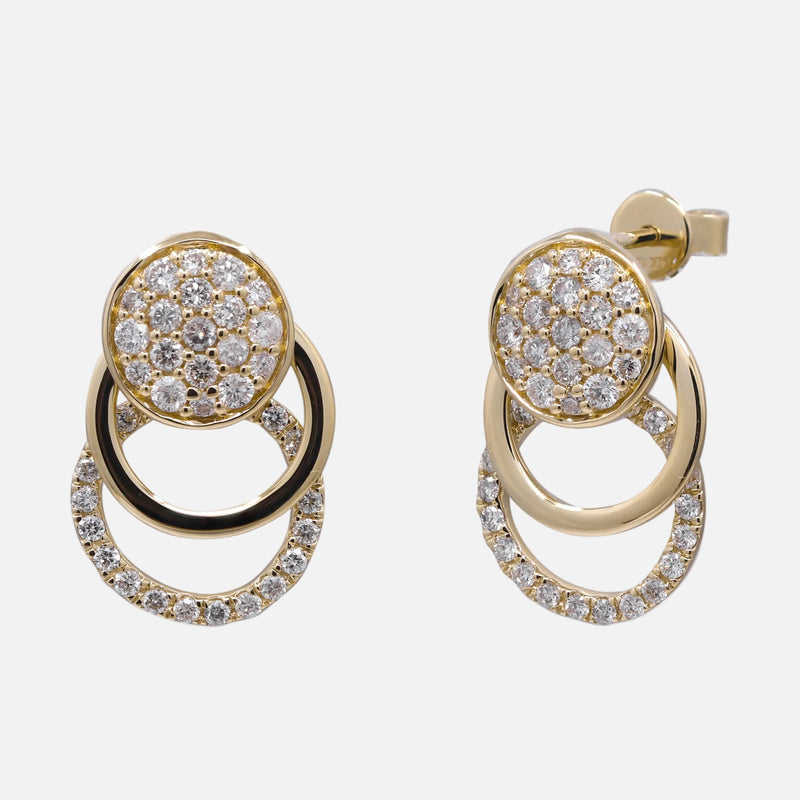 14K Yellow Gold Interlocking Circle Earrings with pavé diamonds for elegant sparkle and modern design.